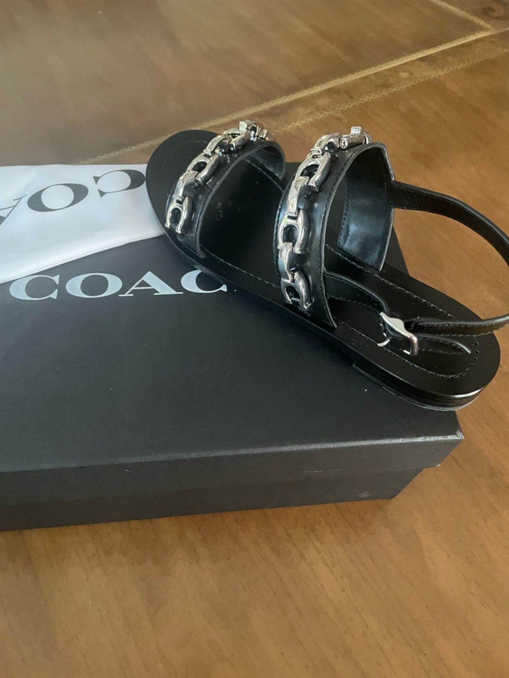 Coach Black Leather Sandal with Silver Chain Detail - Picture 2 of 10